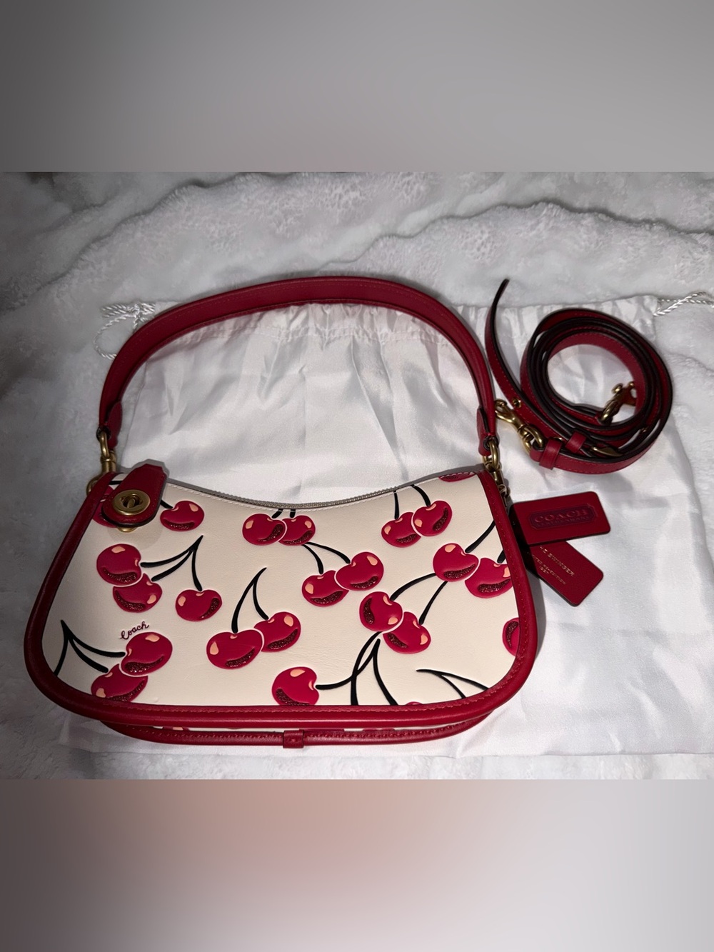 Coach Cream Leather Crossbody with Red Cherry Print
